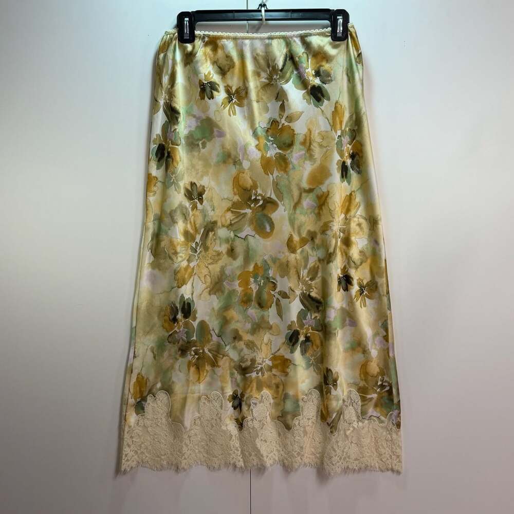 Cabi Yellow Floral Print Midi Skirt with Lace Hem Size S